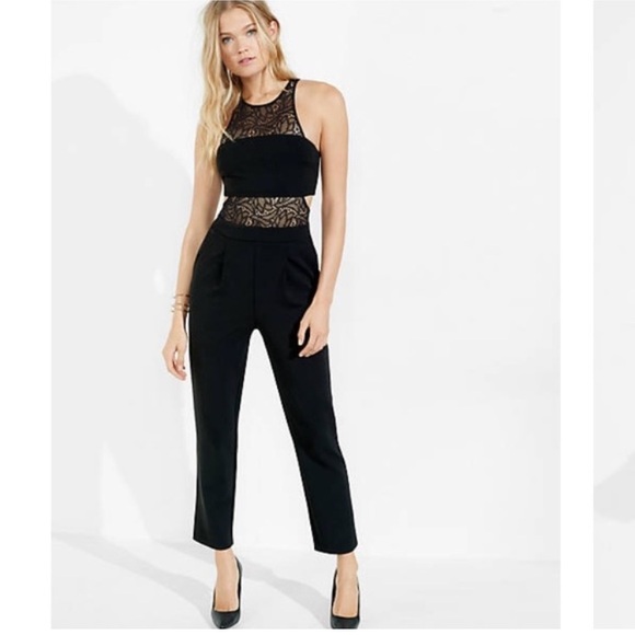 Black lace inset cut out sleeveless jumpsuit black pockets size 6 - Picture 1 of 3